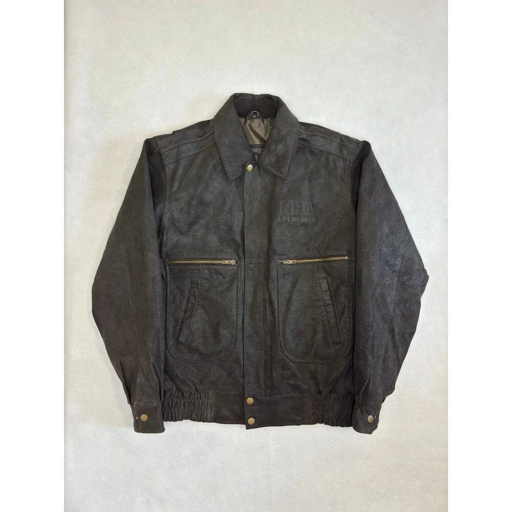 Burk's Bay Genuine Leather Bomber Jacket NRA Life Member Men's Size M Black